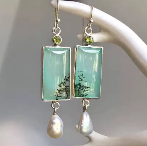 Vintage Square Green Opal Stone Dangle Earrings