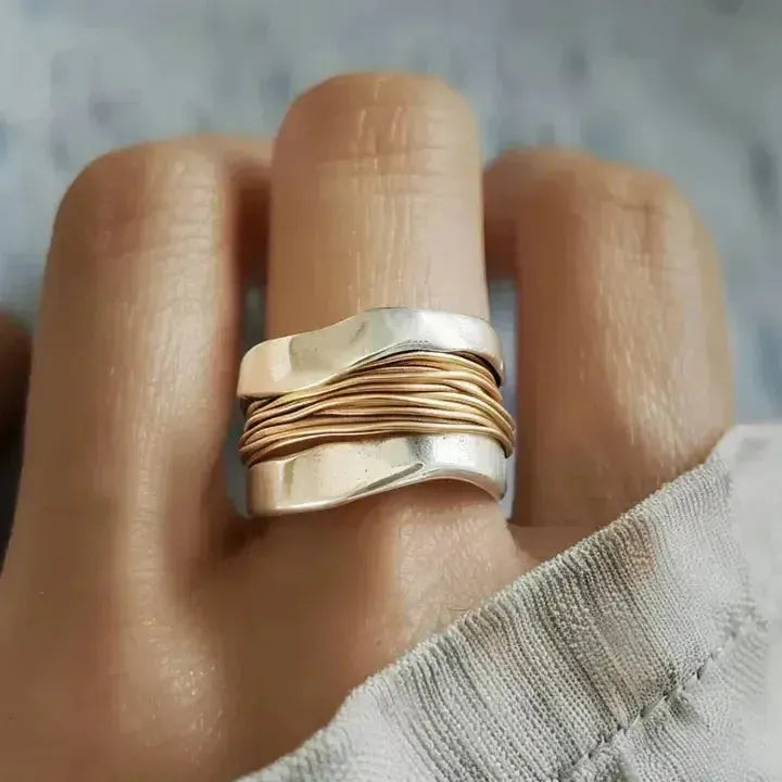 Silver ring with golden threads-Vickis Jewelry
