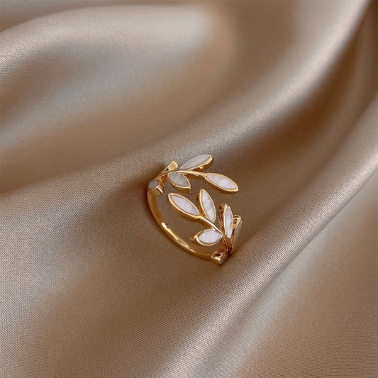 White Opal Leaf Adjustable Ring in Gold-Vickis Jewelry