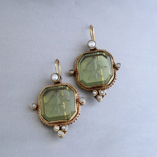 Vintage Green & Pearl Earrings-Vickis Jewelry