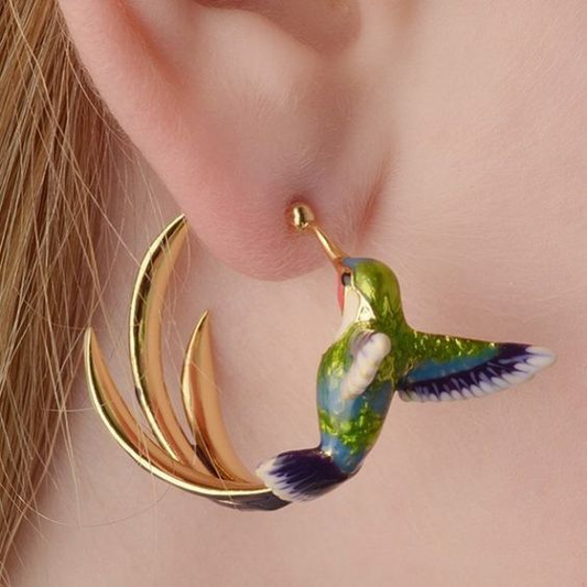 Vintage Enamel Hummingbird Hoop Earrings-Vickis Jewelry