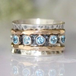 Vintage Blue Inlaid Glass Gold & Silver Ring-Vickis Jewelry