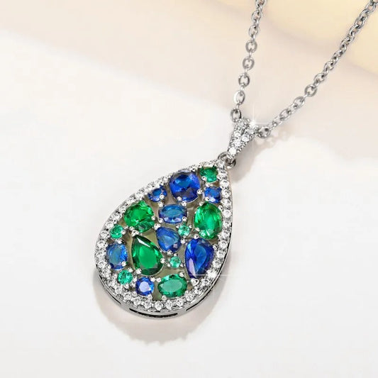 Silver Green & Blue Gemstone Necklace-Vickis Jewelry