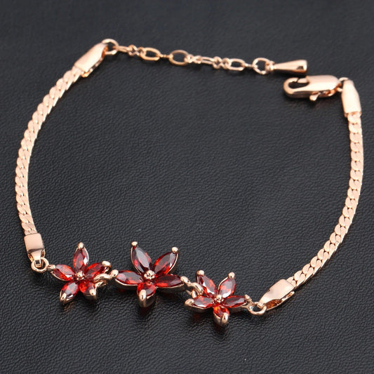 Retro Rose Gold & Three Red Crystal Flower Bracelet-Vickis Jewelry
