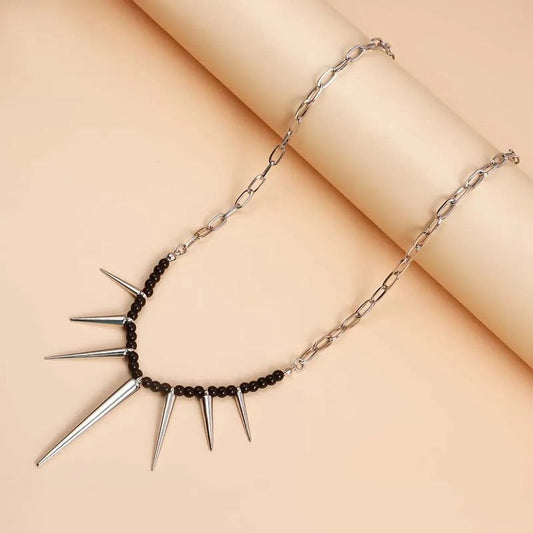 Silver Black Bead & Chain Link Spiked Necklace-Vickis Jewelry