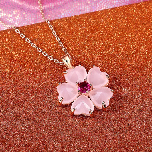 Gold Pink Flower Pendant Necklace-Vickis Jewelry