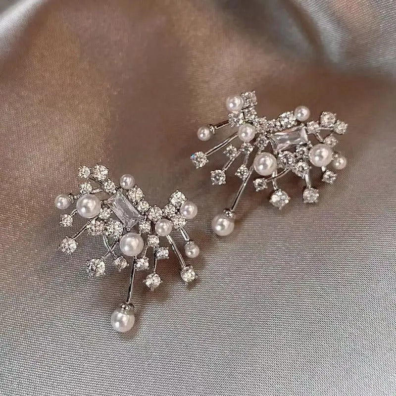 Silver Pearl & Crystal Starburst Cluster Earrings-Vickis Jewelry